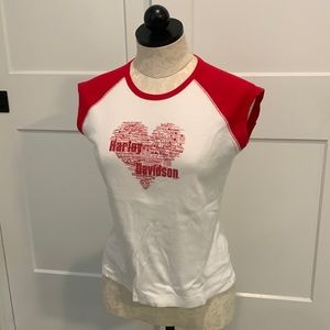 Never Worn Red and White Harley-Davidson Sleeveless Tee, Size XL.